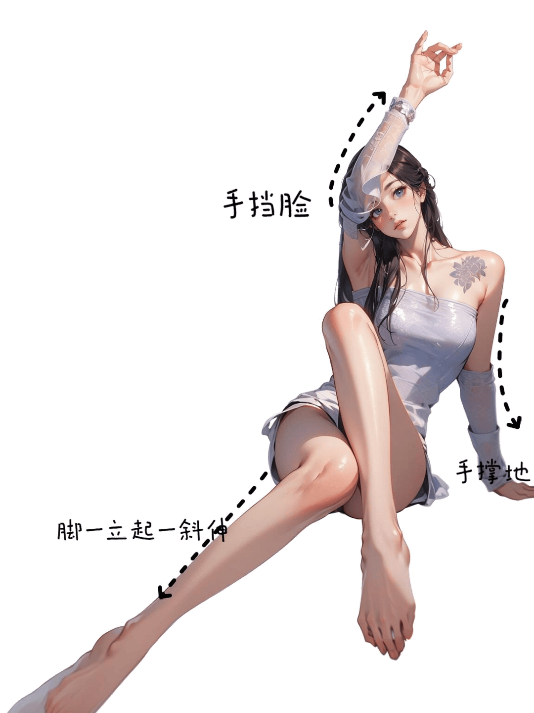 举手挡脸斜伸腿