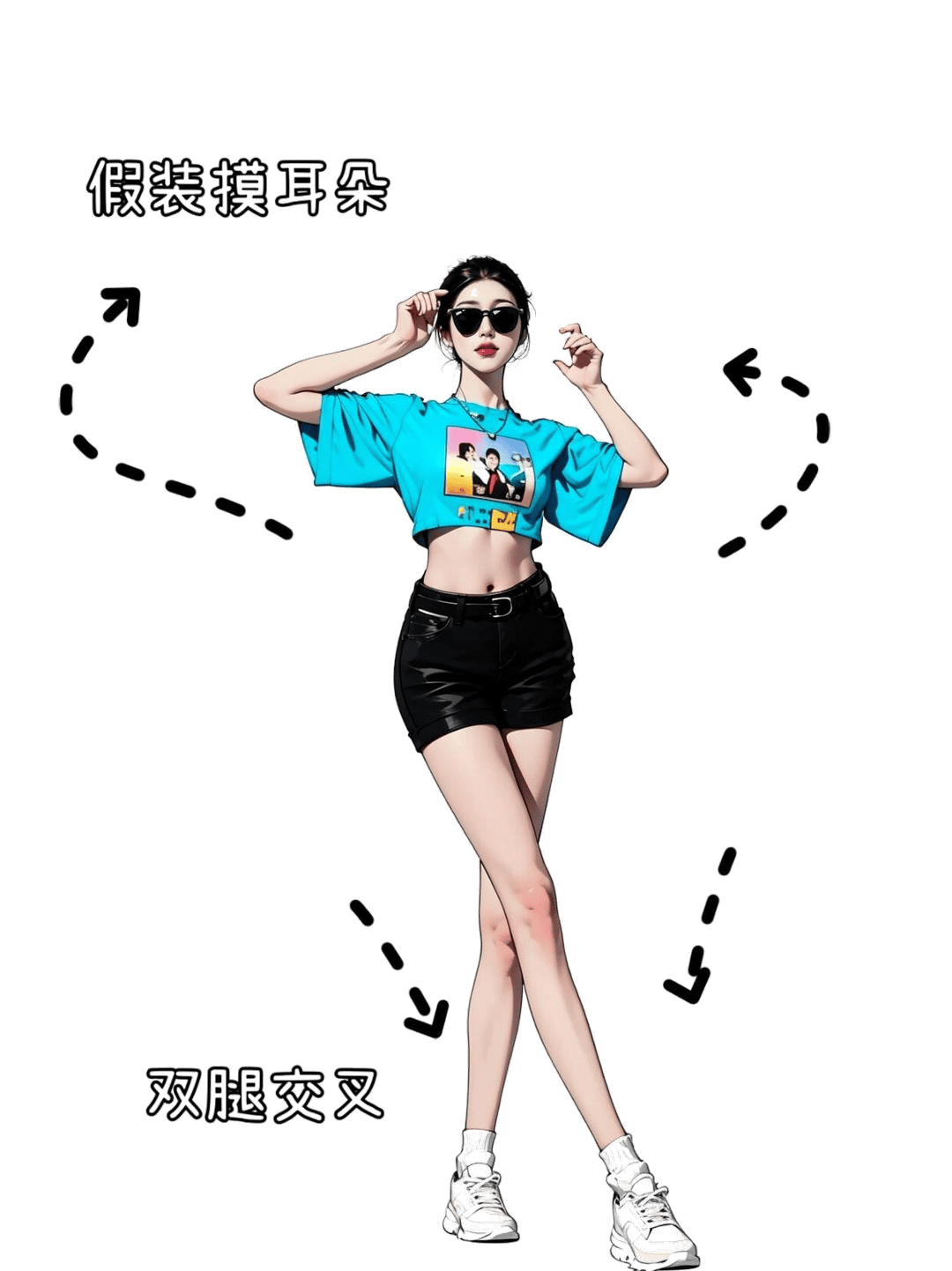 交叉腿摸耳站姿