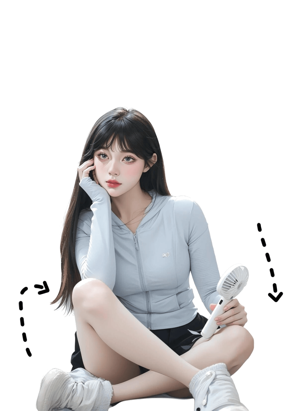 休闲坐姿持扇