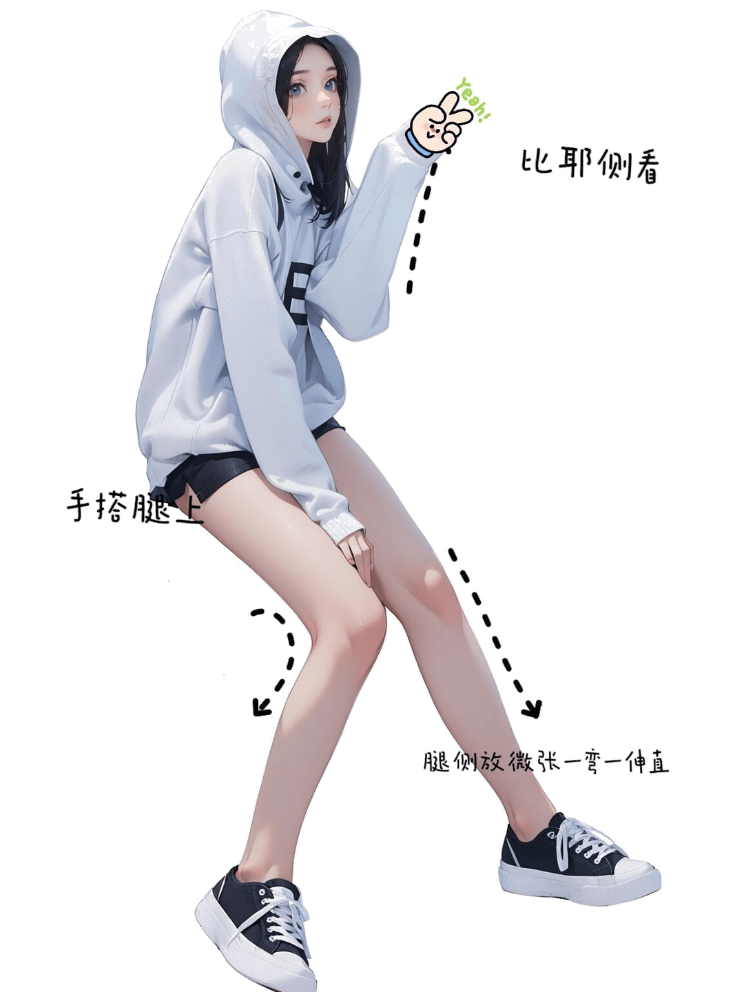 休闲比耶侧身坐