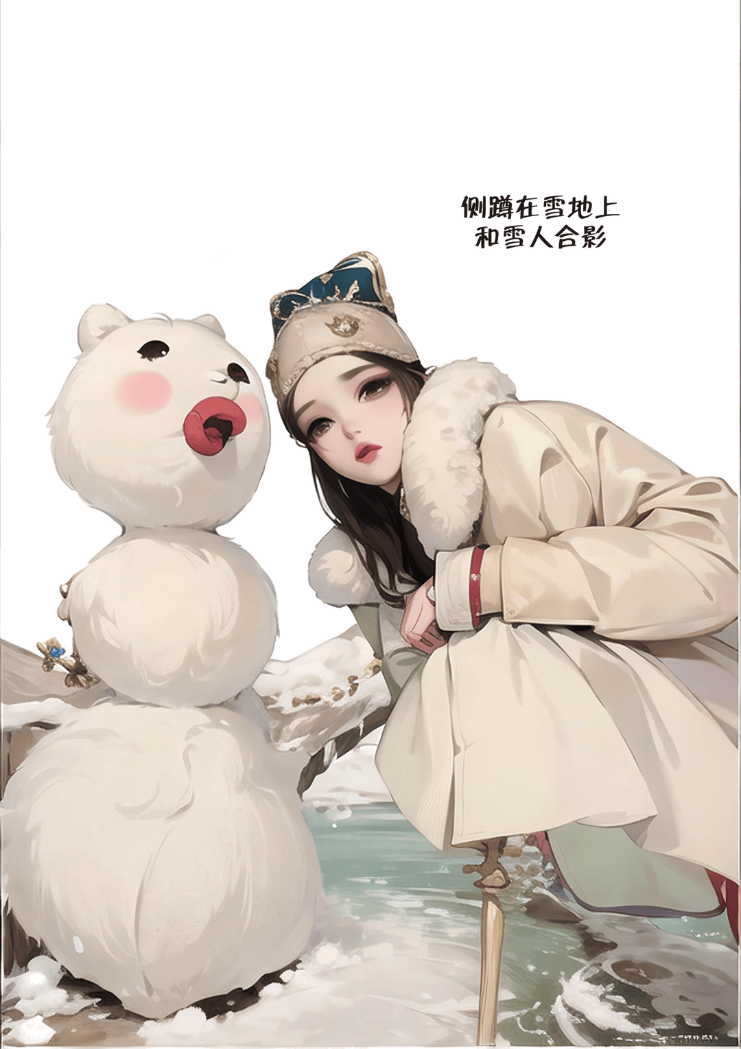 依偎雪人合影