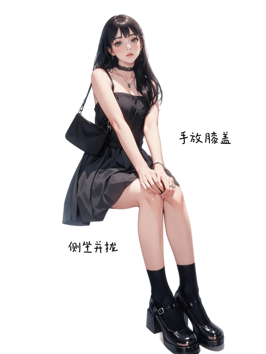 侧坐并拢双手膝