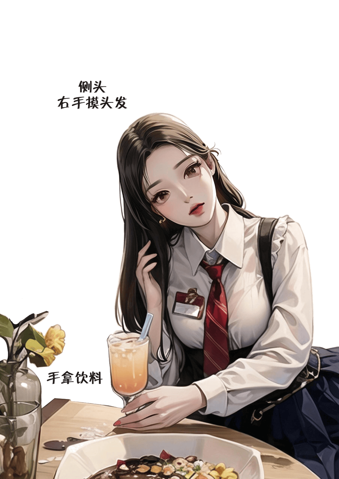 侧头摸发持饮