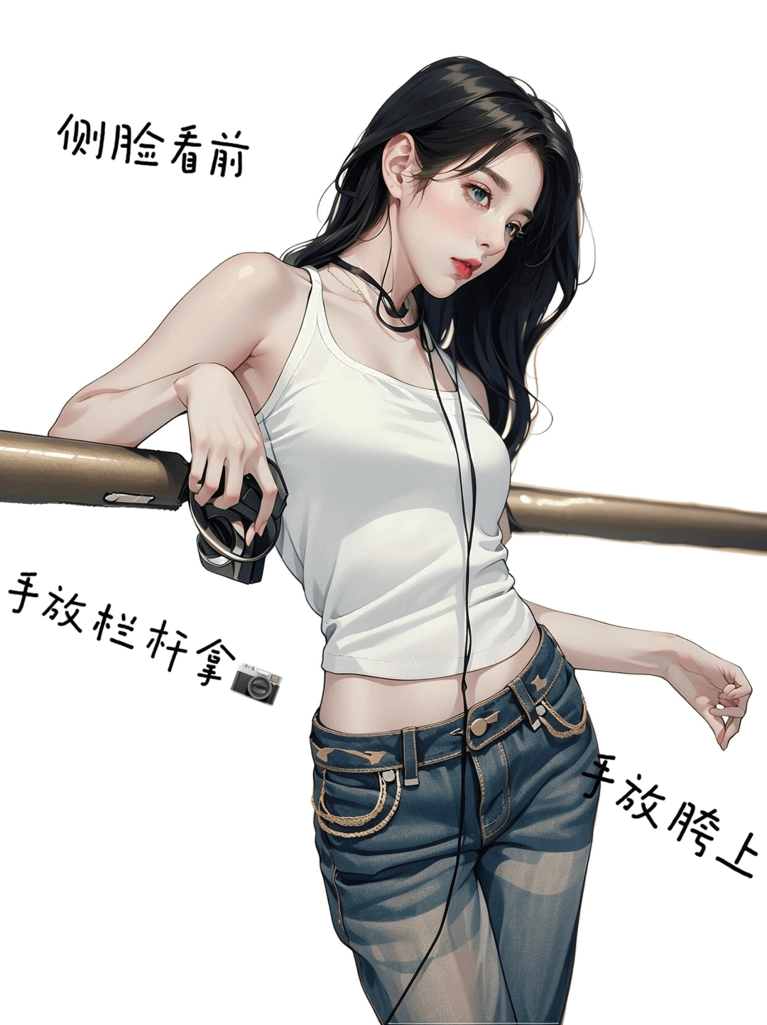 侧脸倚栏拿相机