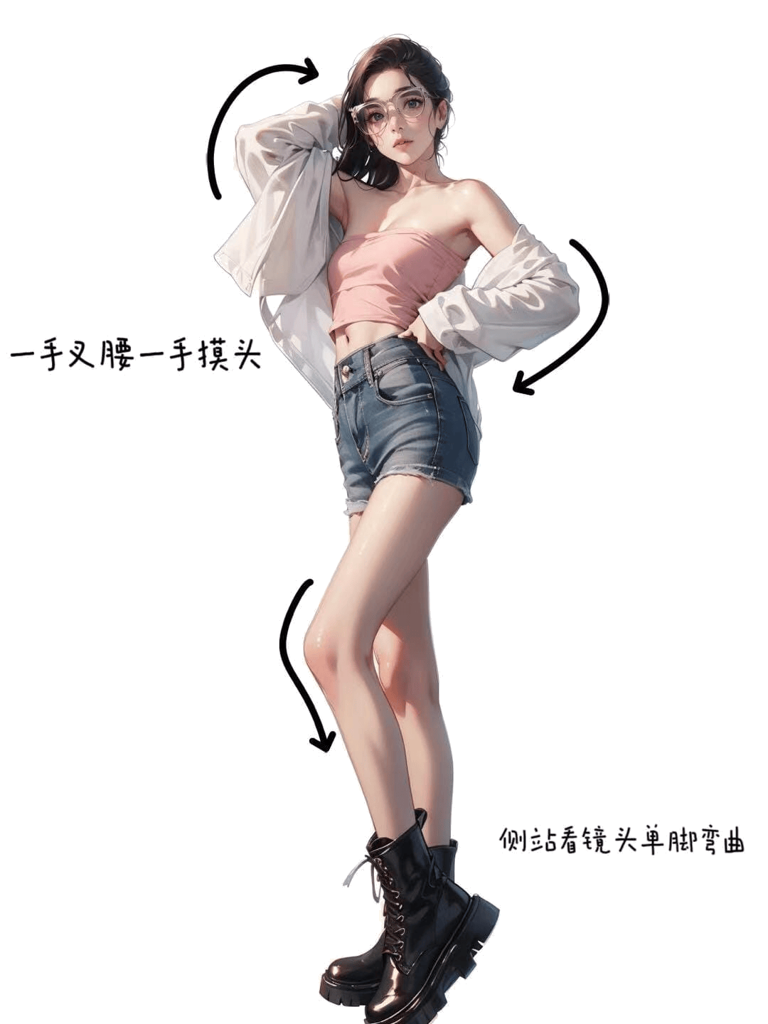 侧身叉腰摸头