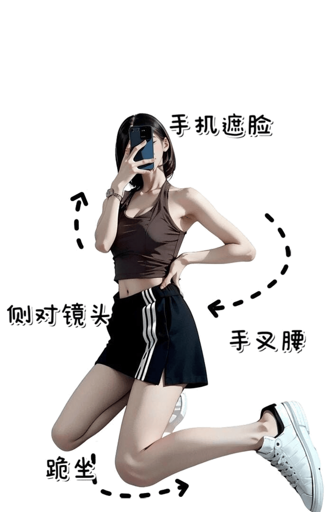 侧身叉腰跪姿