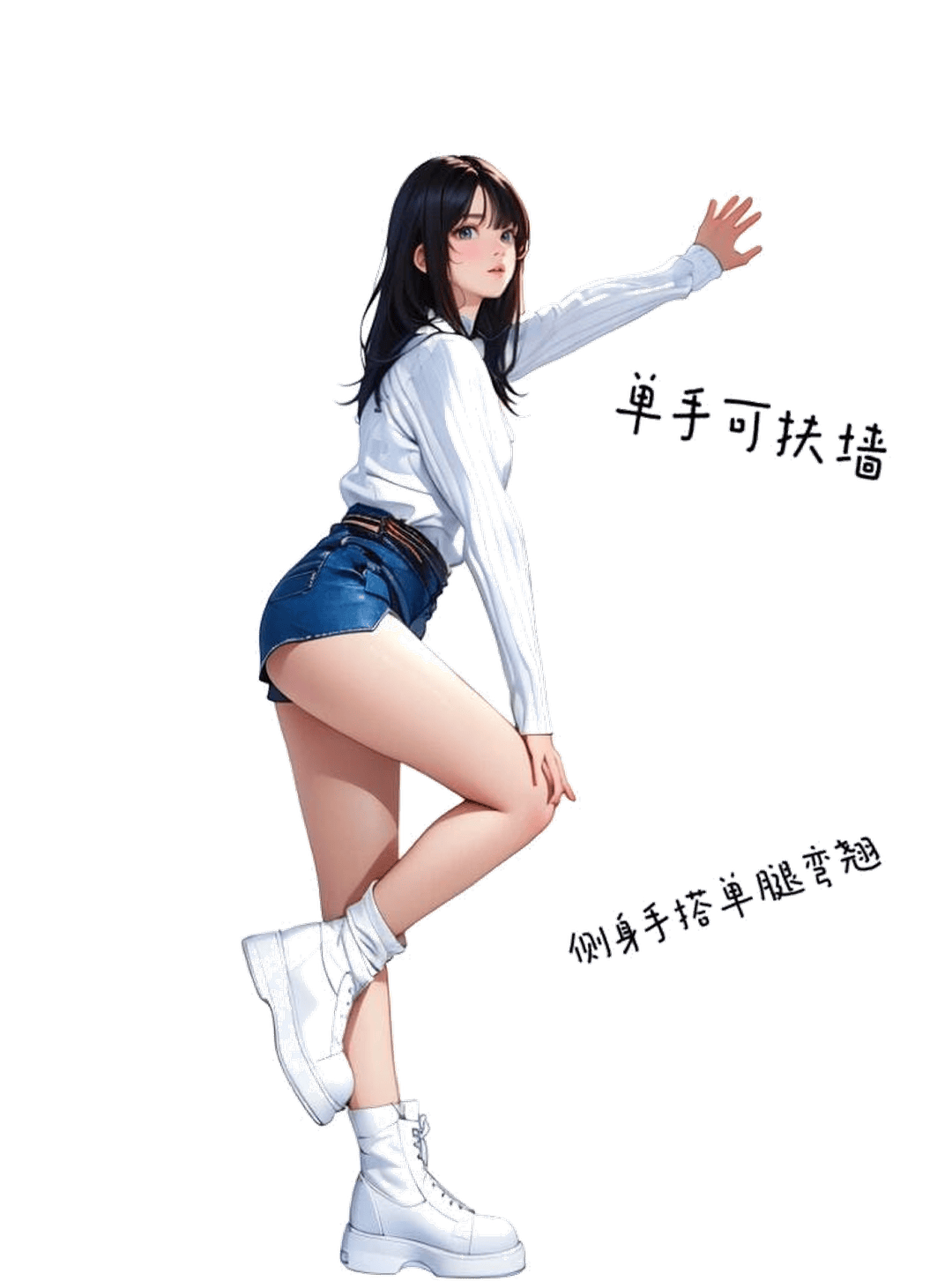 侧身扶墙翘腿