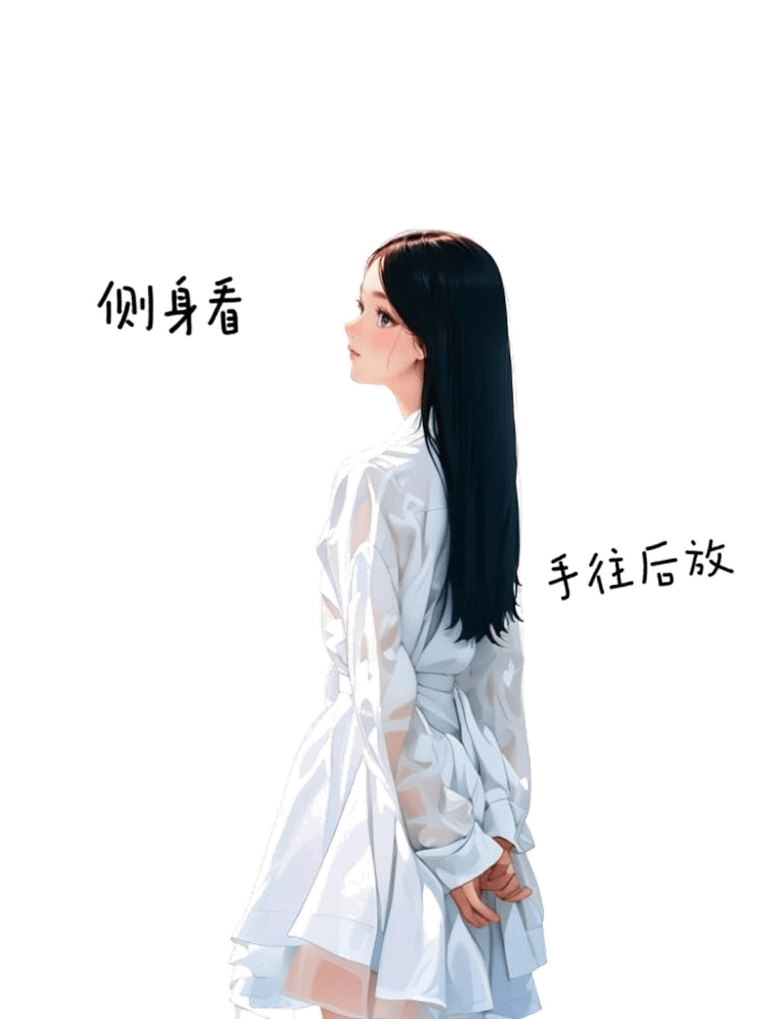 侧身背手站立