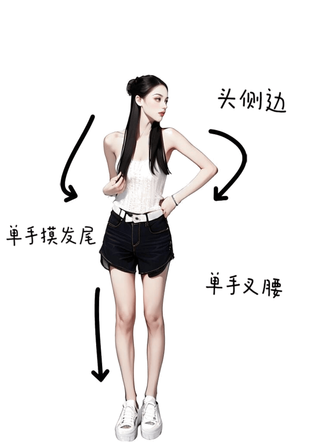 单手叉腰摸发尾