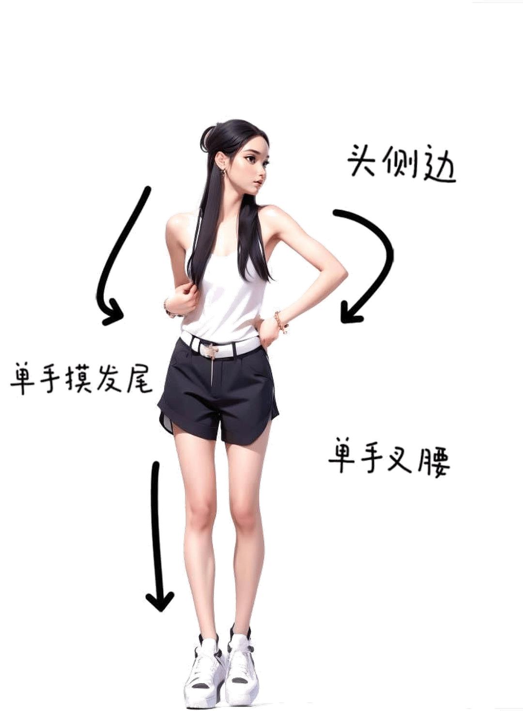 单手叉腰摸发尾