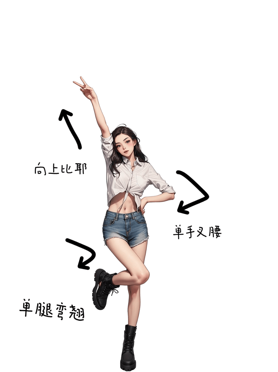 单手叉腰比耶