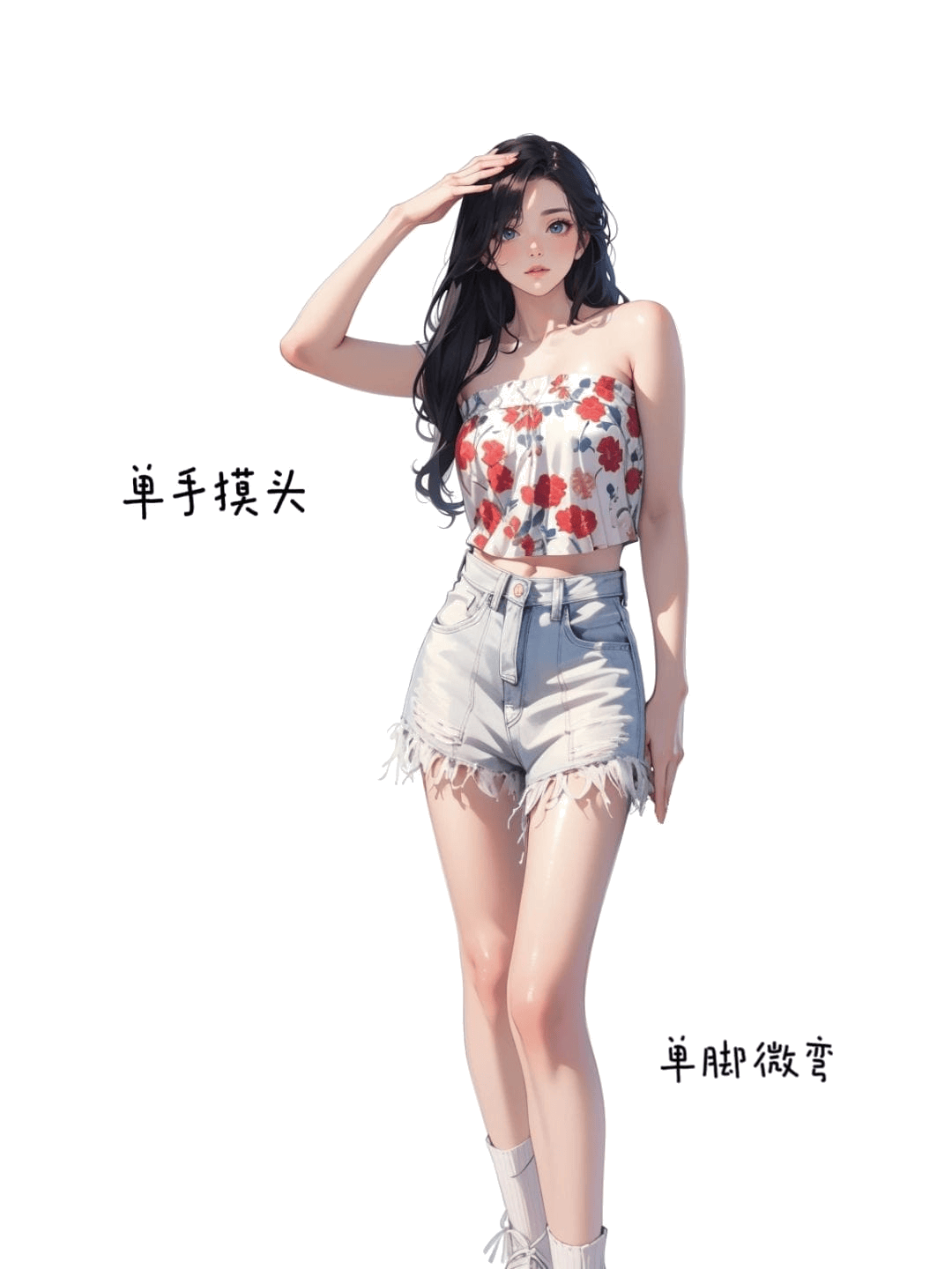 单手抚头微弯腿
