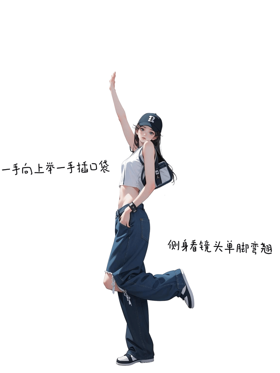 单手插袋侧身翘脚