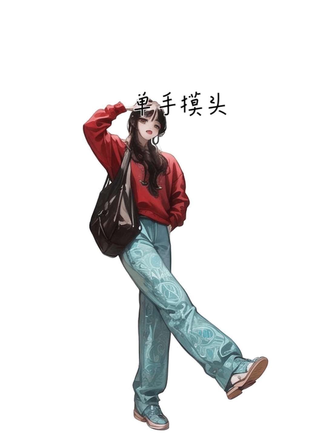 单手摸头翘腿