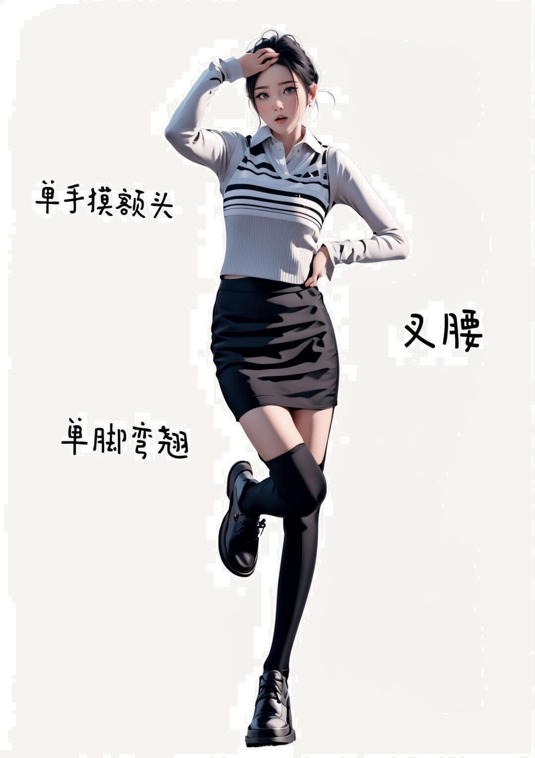 单手摸额叉腰翘