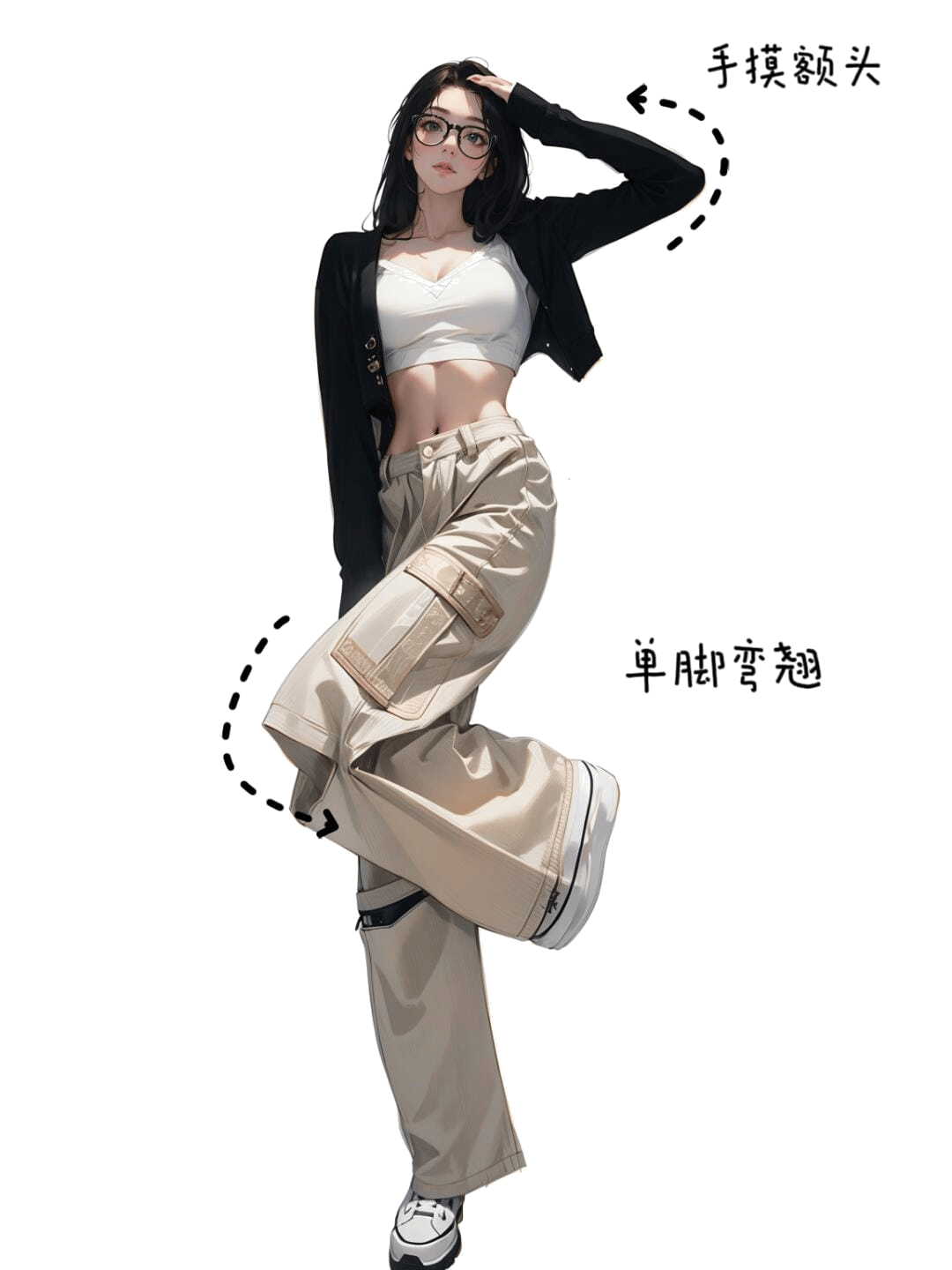 单手摸额翘腿
