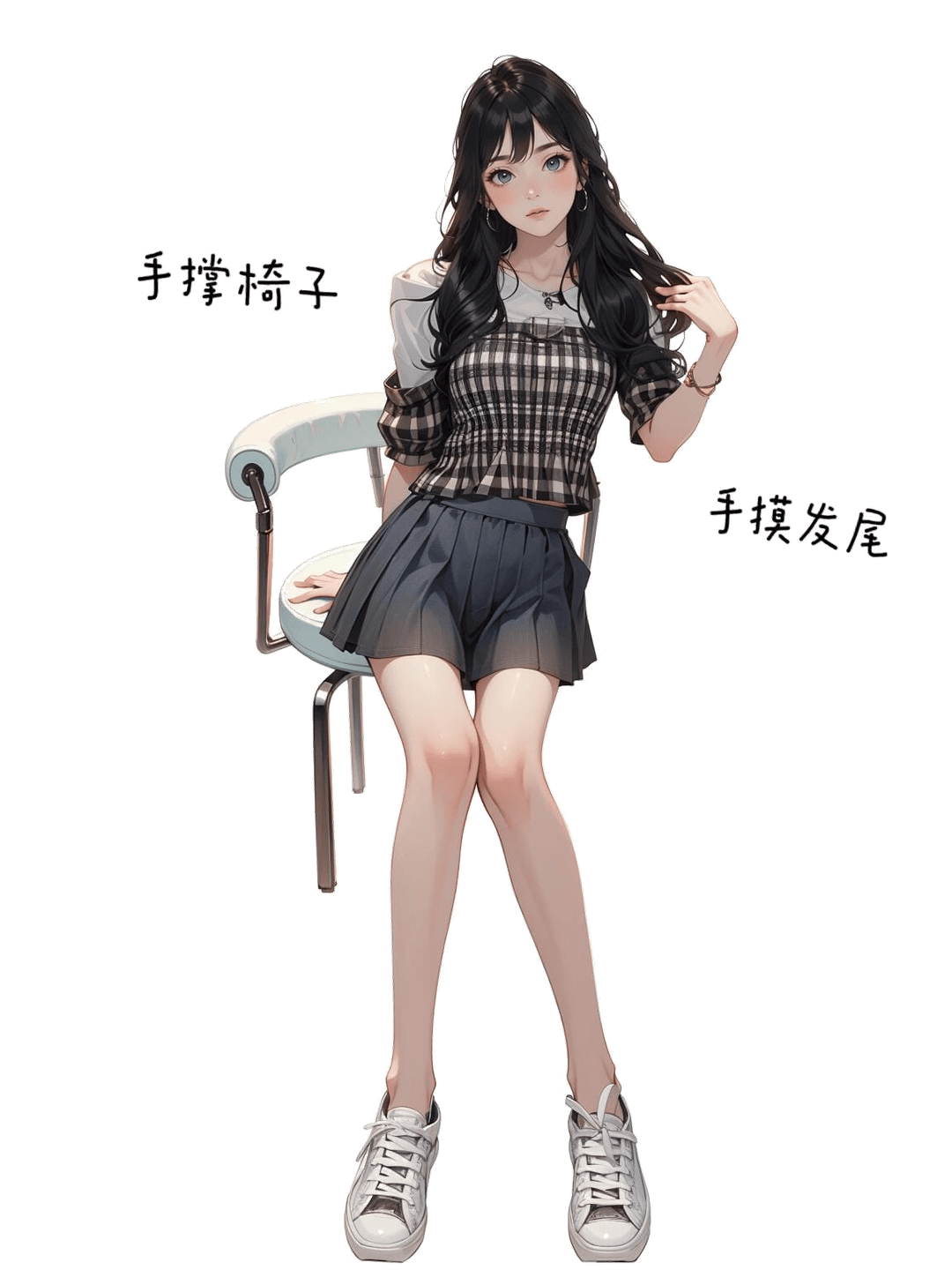 单手撑椅摸发