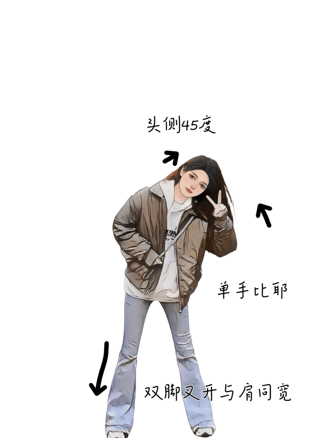 单手比耶站姿