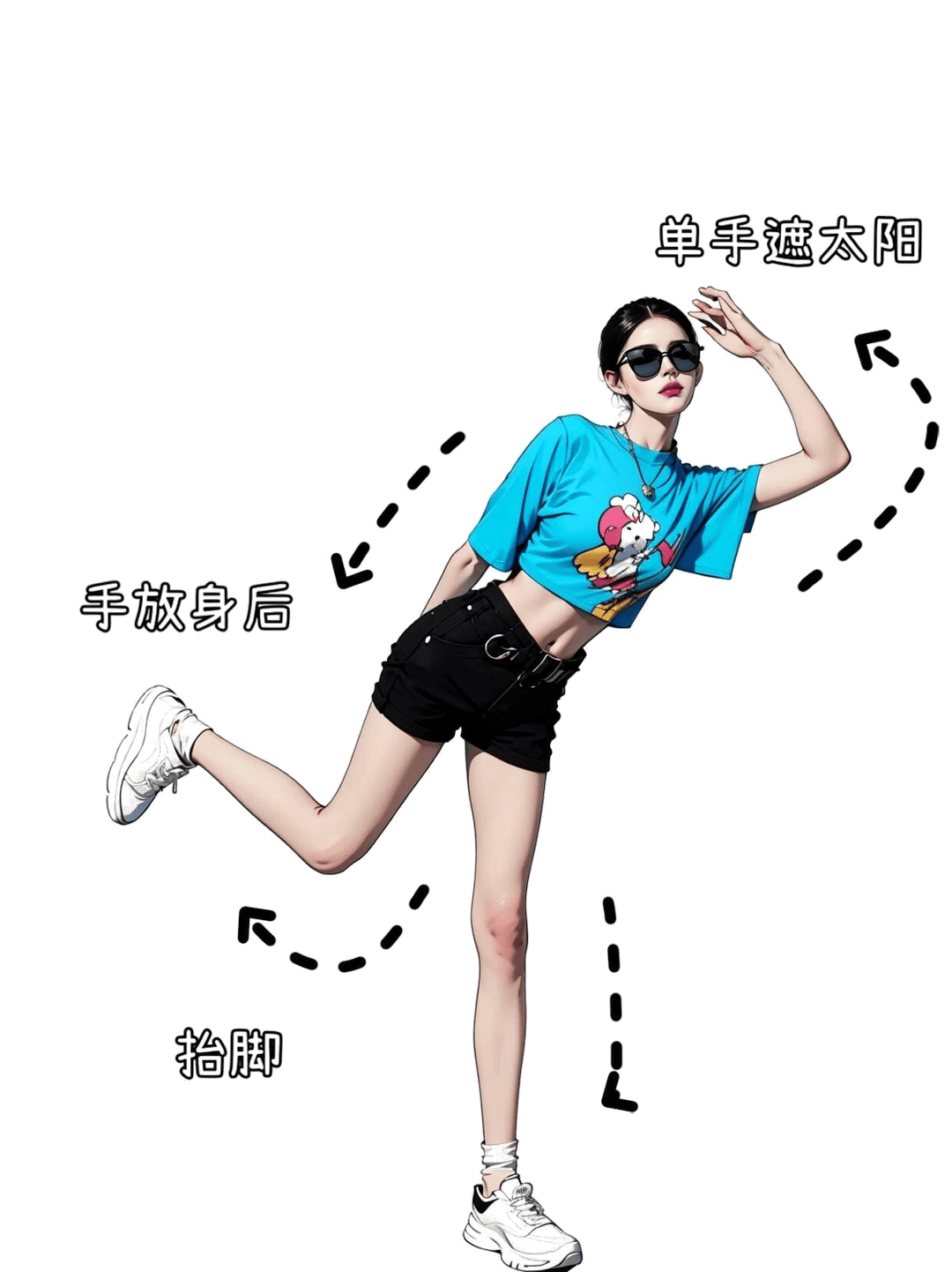 单手遮阳抬腿姿态