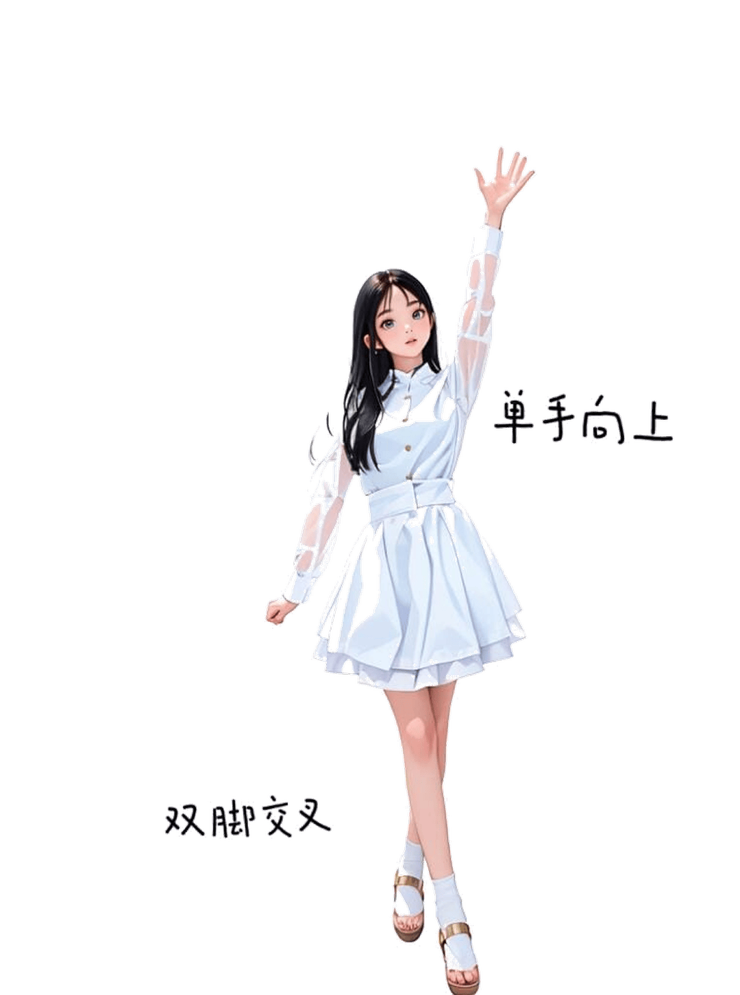 单手高举交叉腿