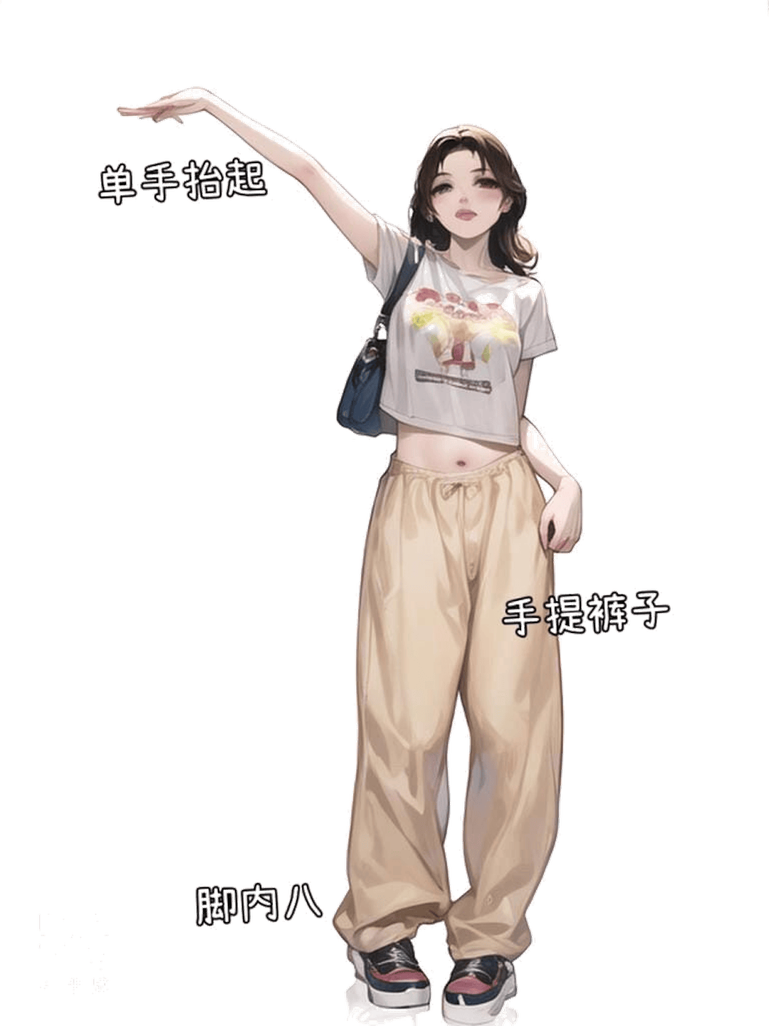 单手高举提裤站姿