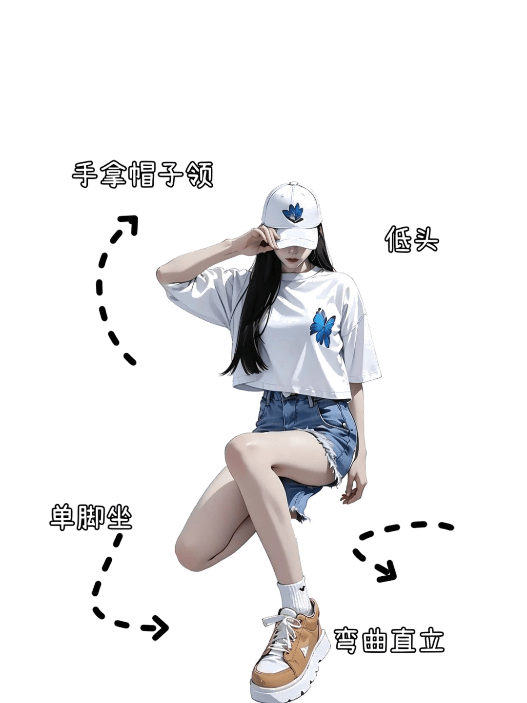 单脚坐姿扶帽