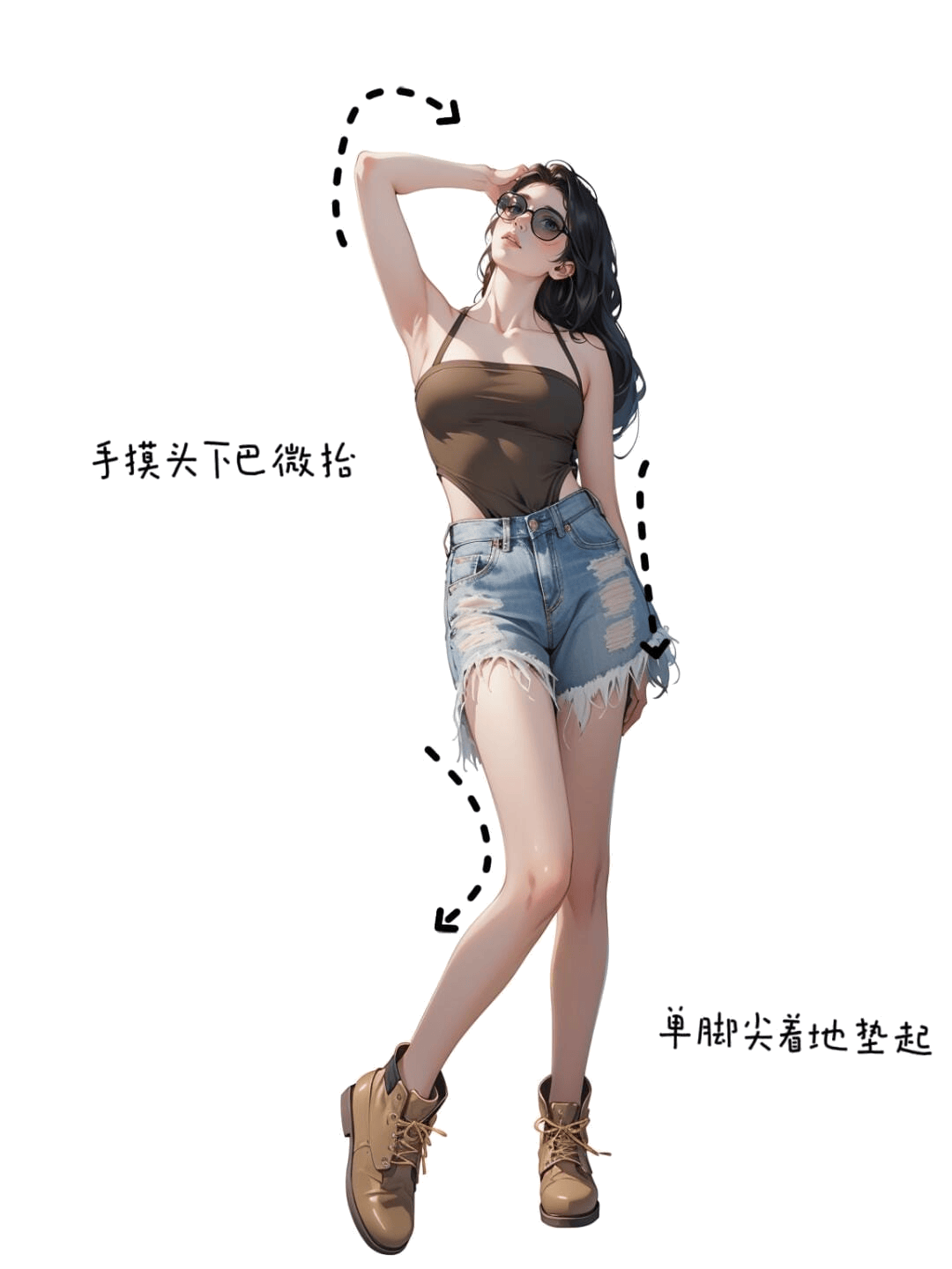 单脚踮起手抚头