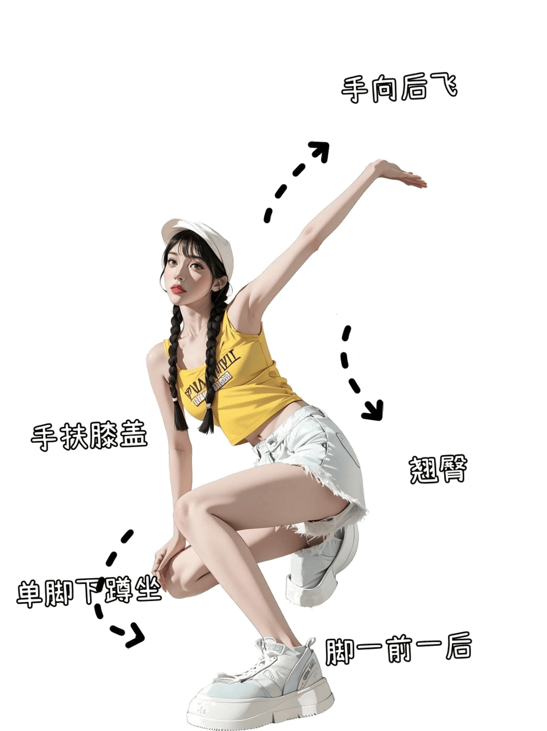 单脚蹲坐展臂姿态