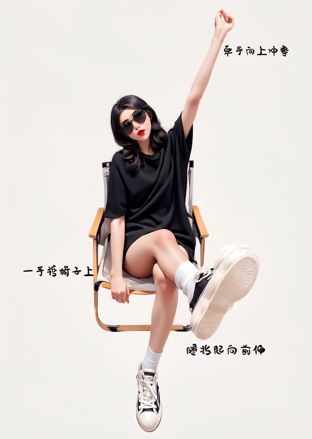 单臂高举翘腿坐