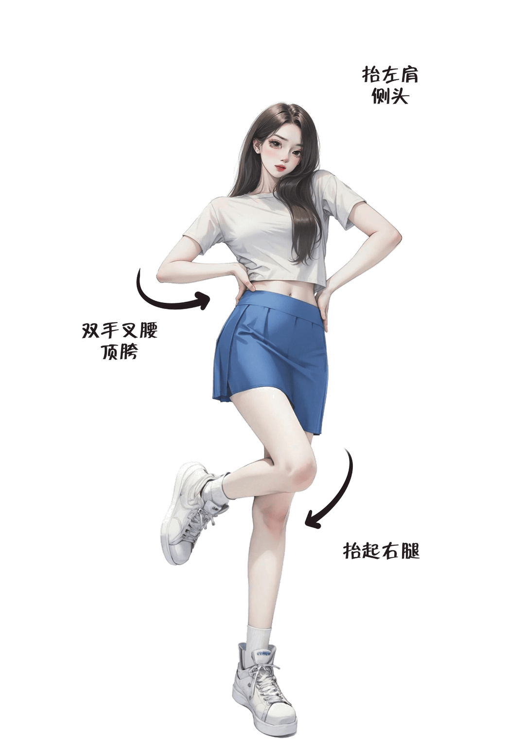 叉腰抬腿侧头
