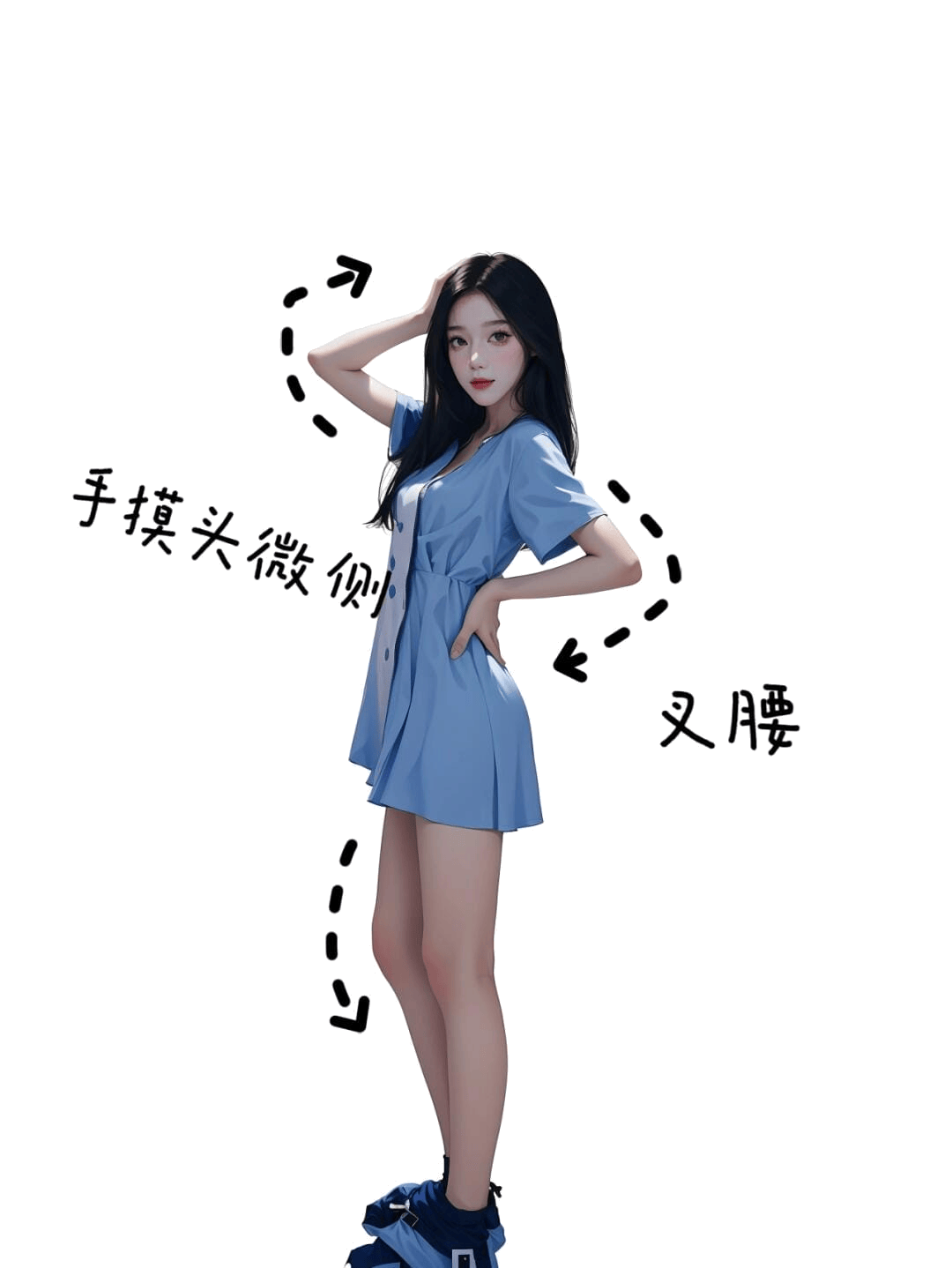 叉腰摸头侧身姿
