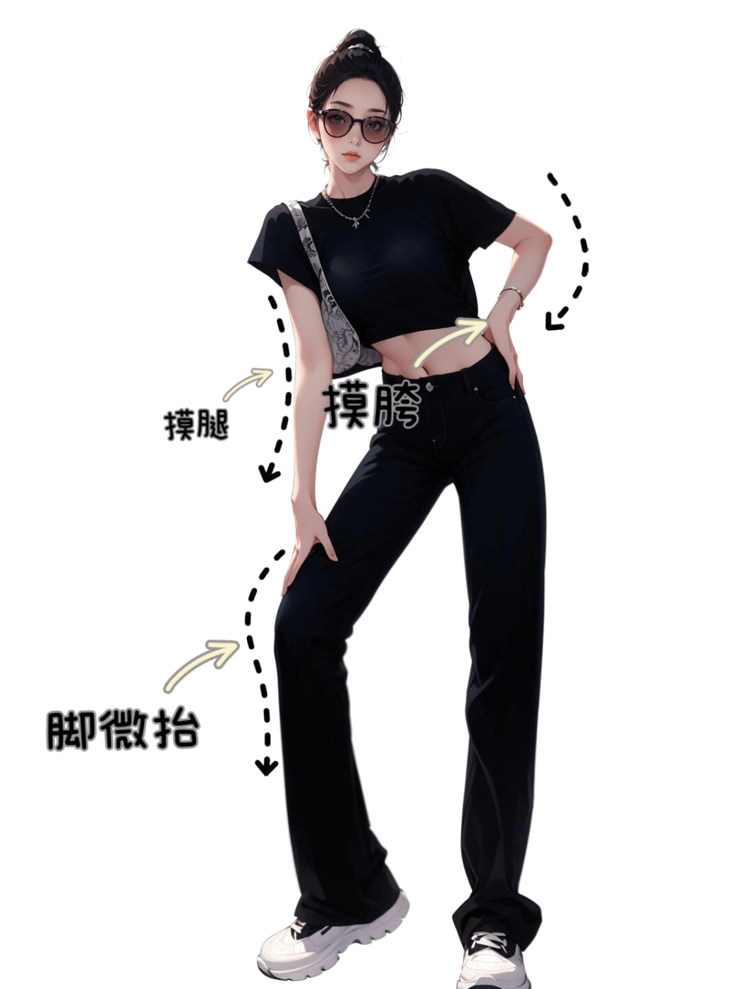 叉腰摸腿微抬脚