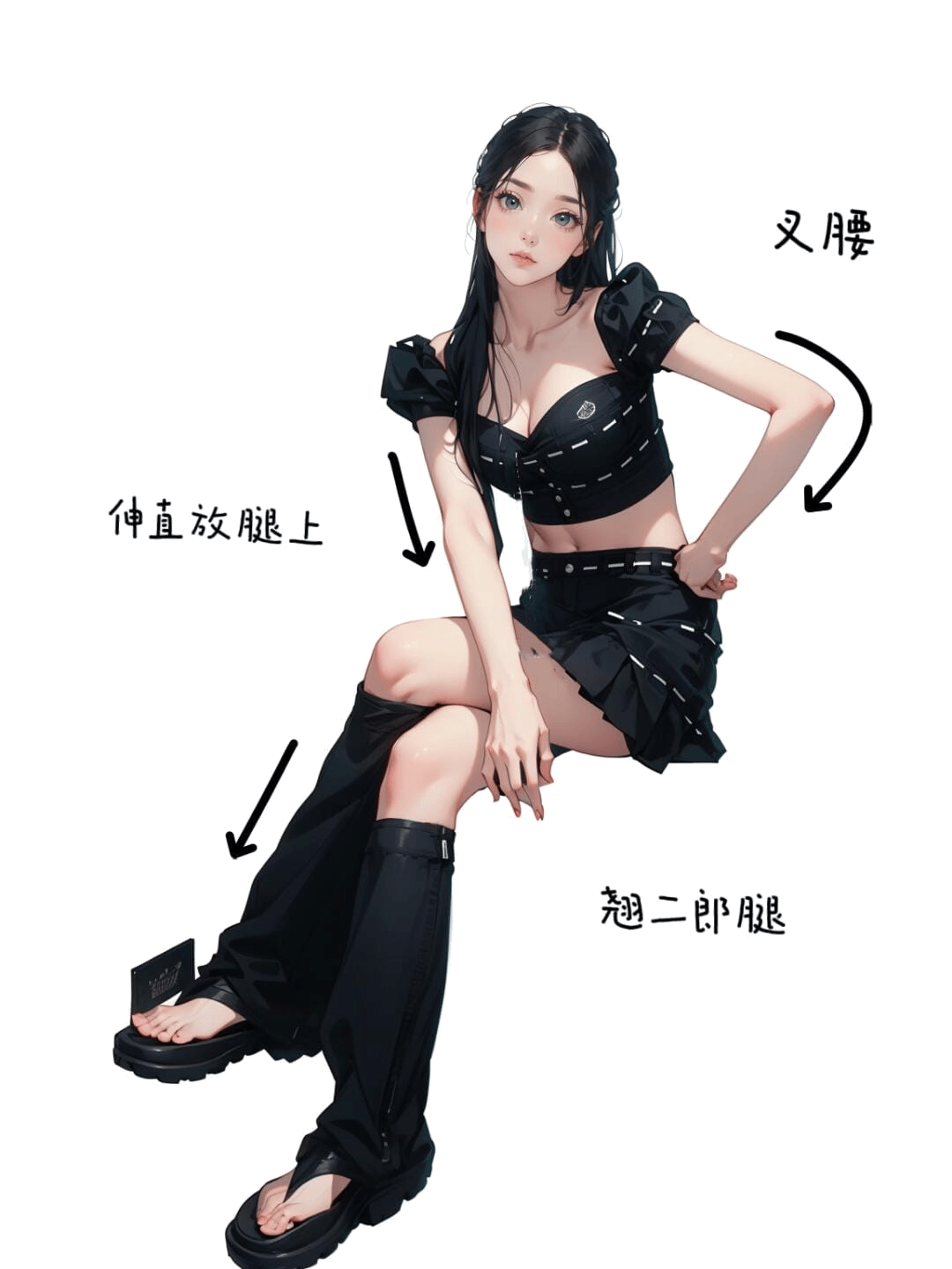 叉腰翘腿坐姿
