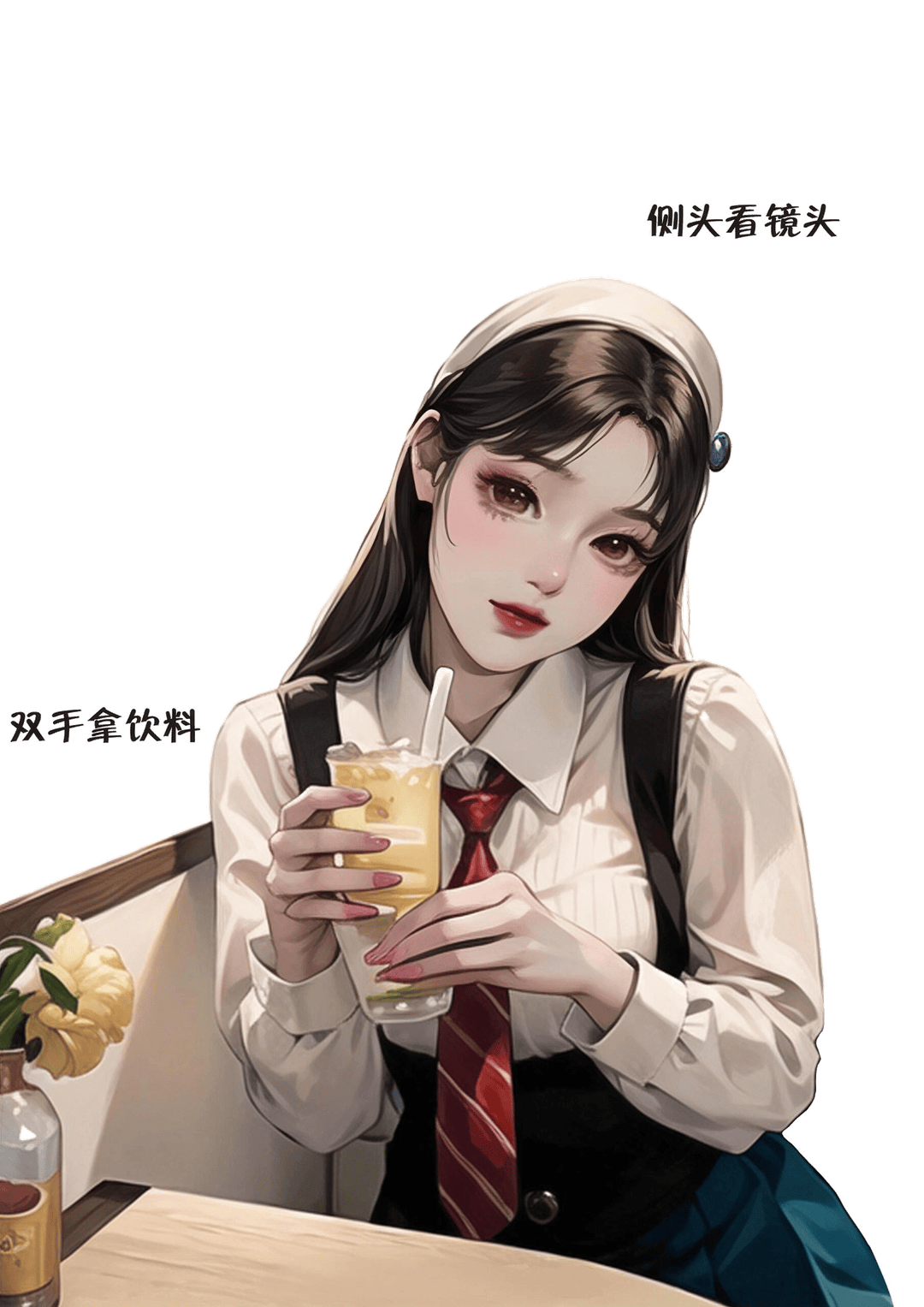 双手捧饮侧头
