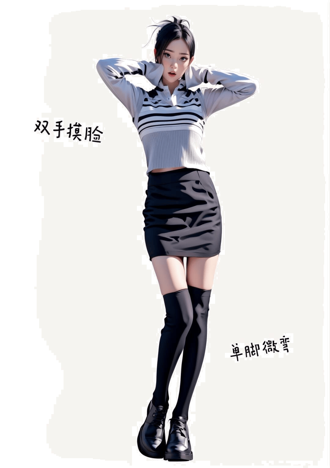 双手摸脸单脚微弯