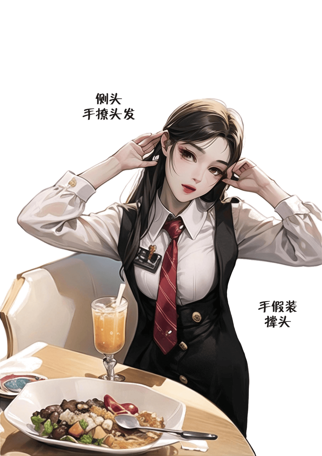 双手撩发托腮