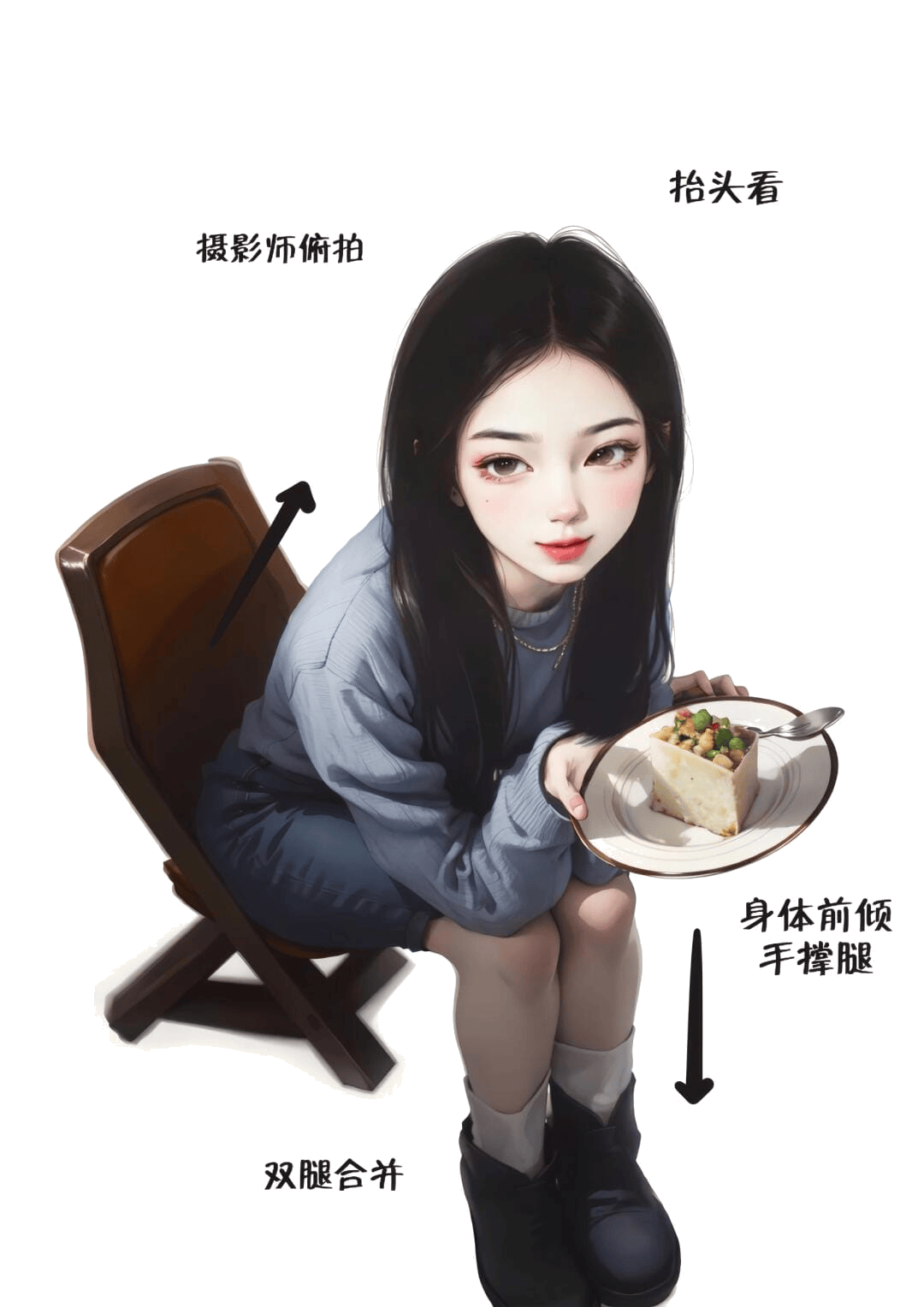 坐姿捧盘仰望