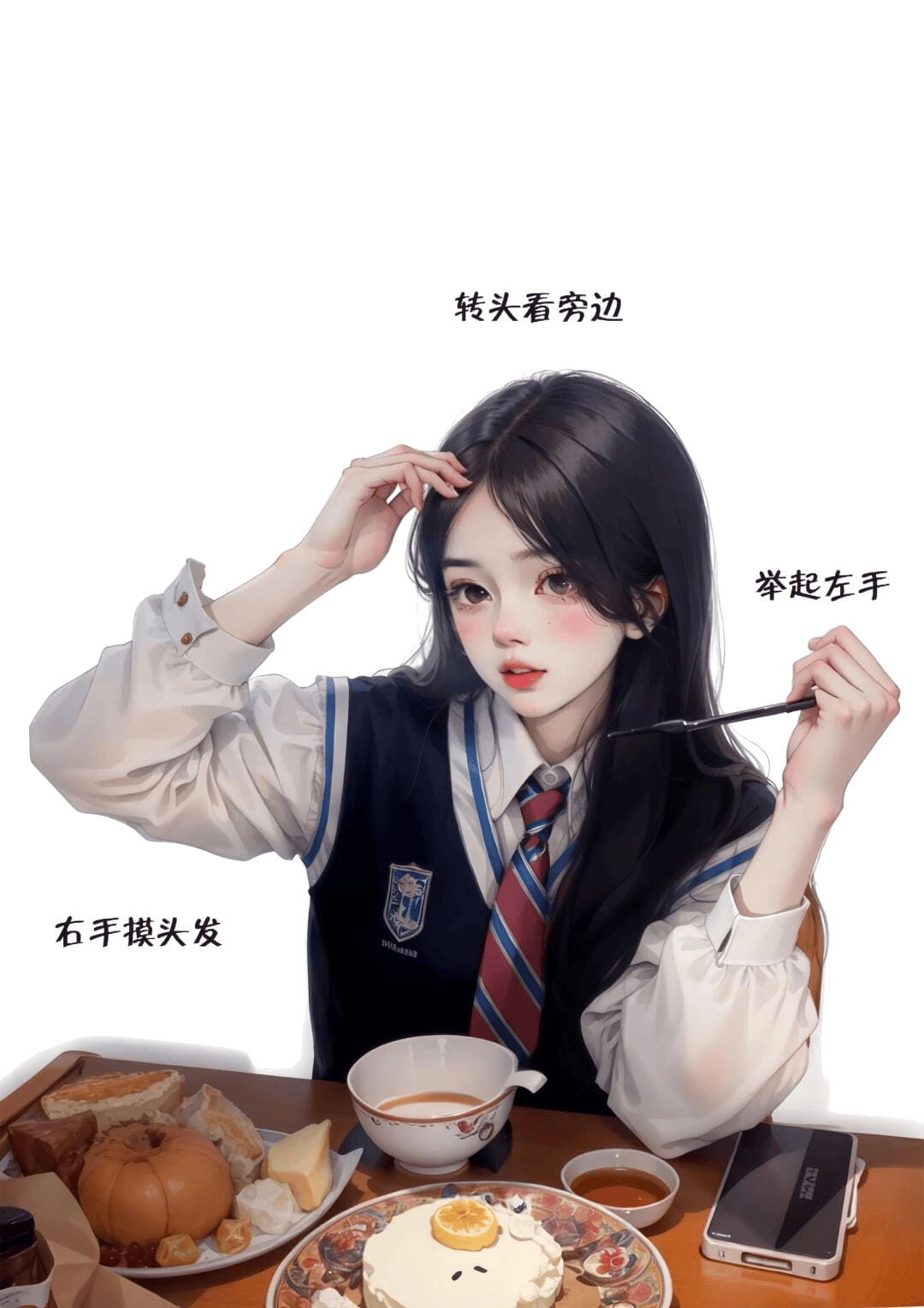 坐姿摸头拿笔