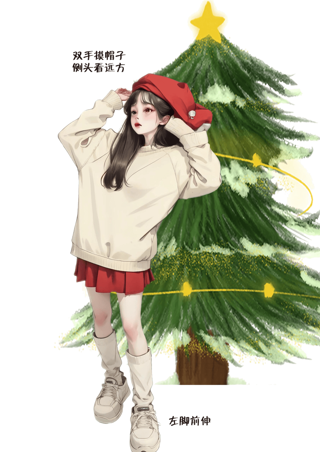 戴红帽侧头远眺