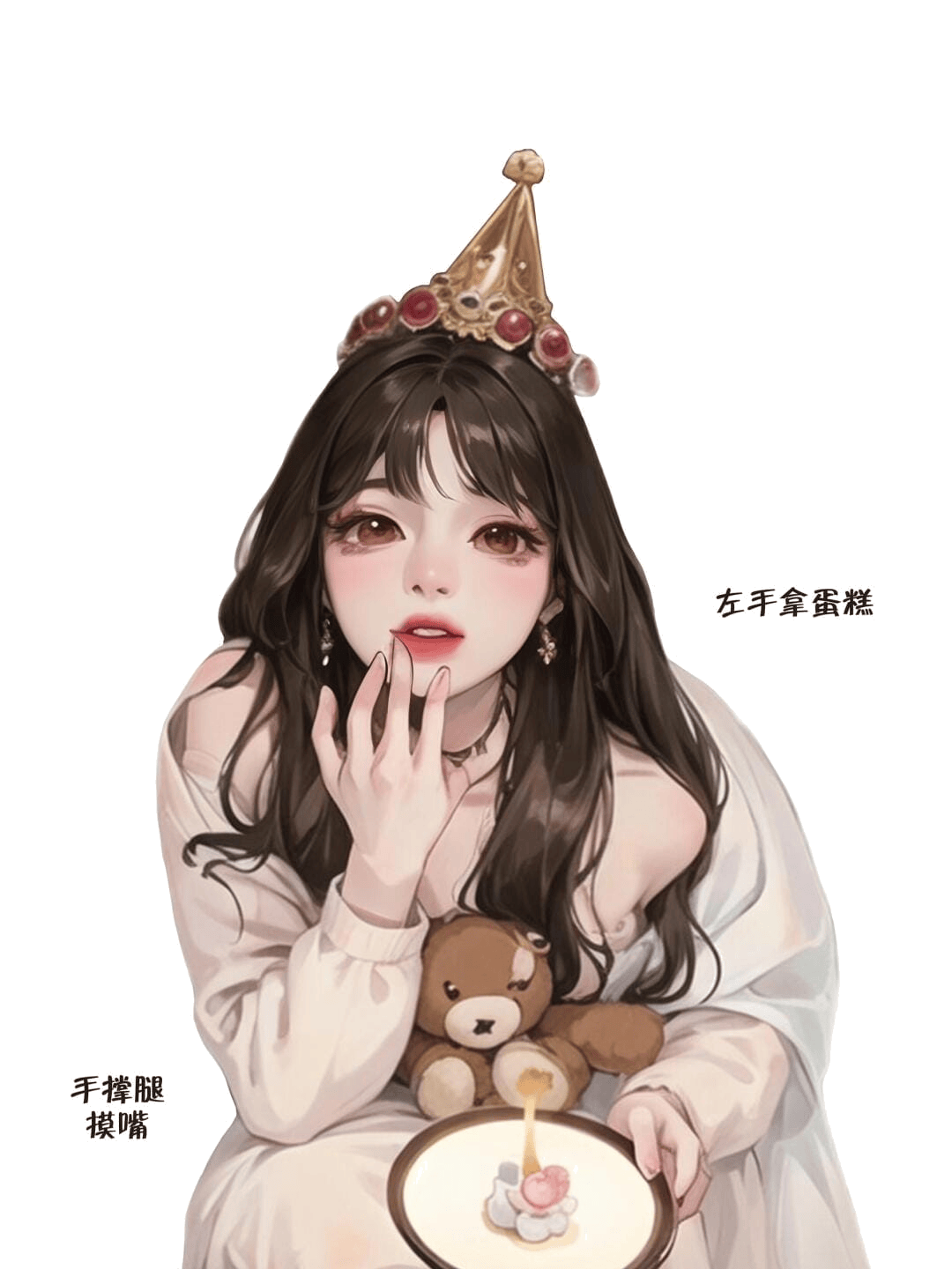 手托腮持蛋糕