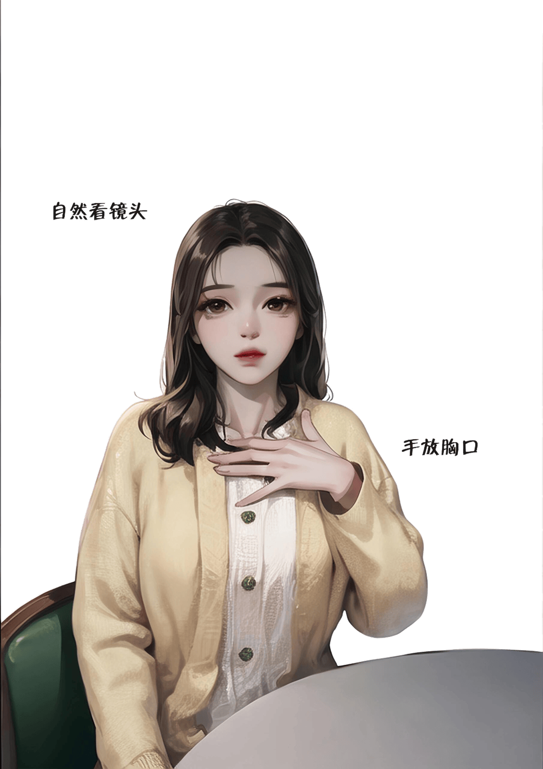 手抚胸口坐姿