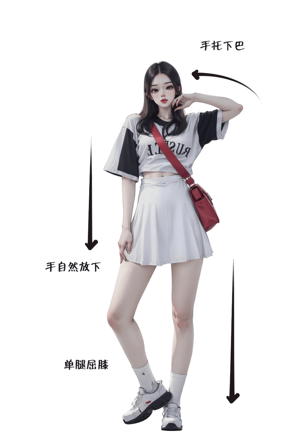 托腮屈膝俏皮站