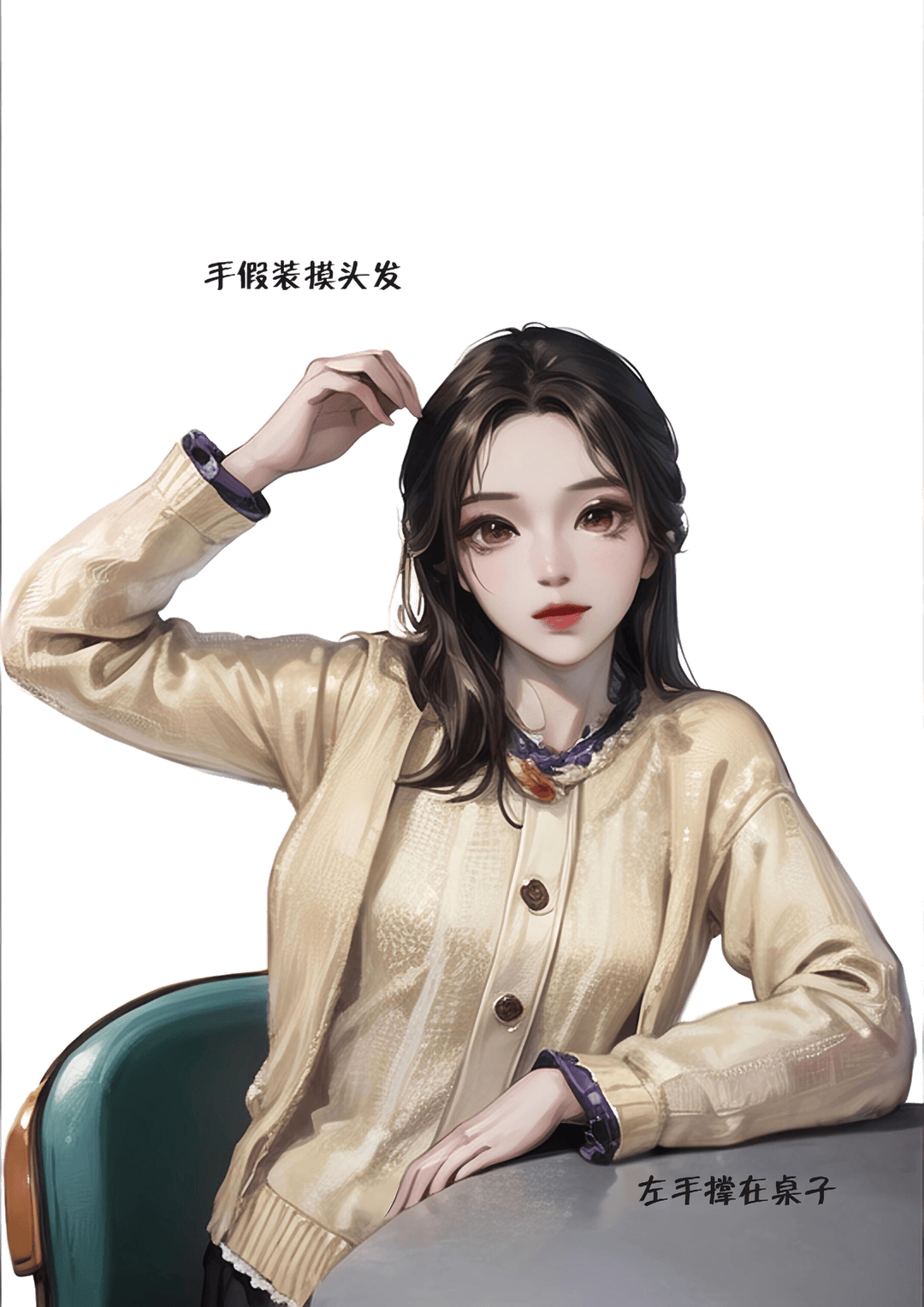 托腮摸发坐姿