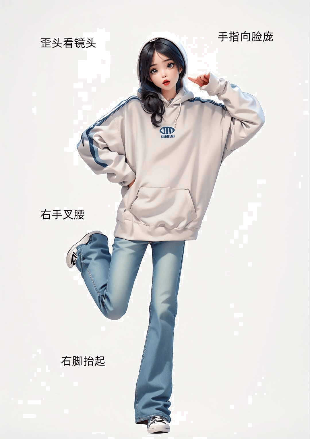 指脸叉腰抬腿