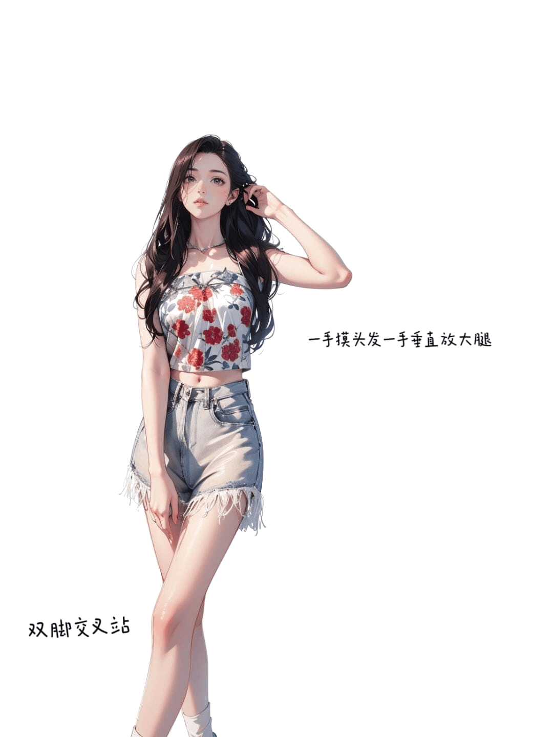 摸发垂腿交叉站