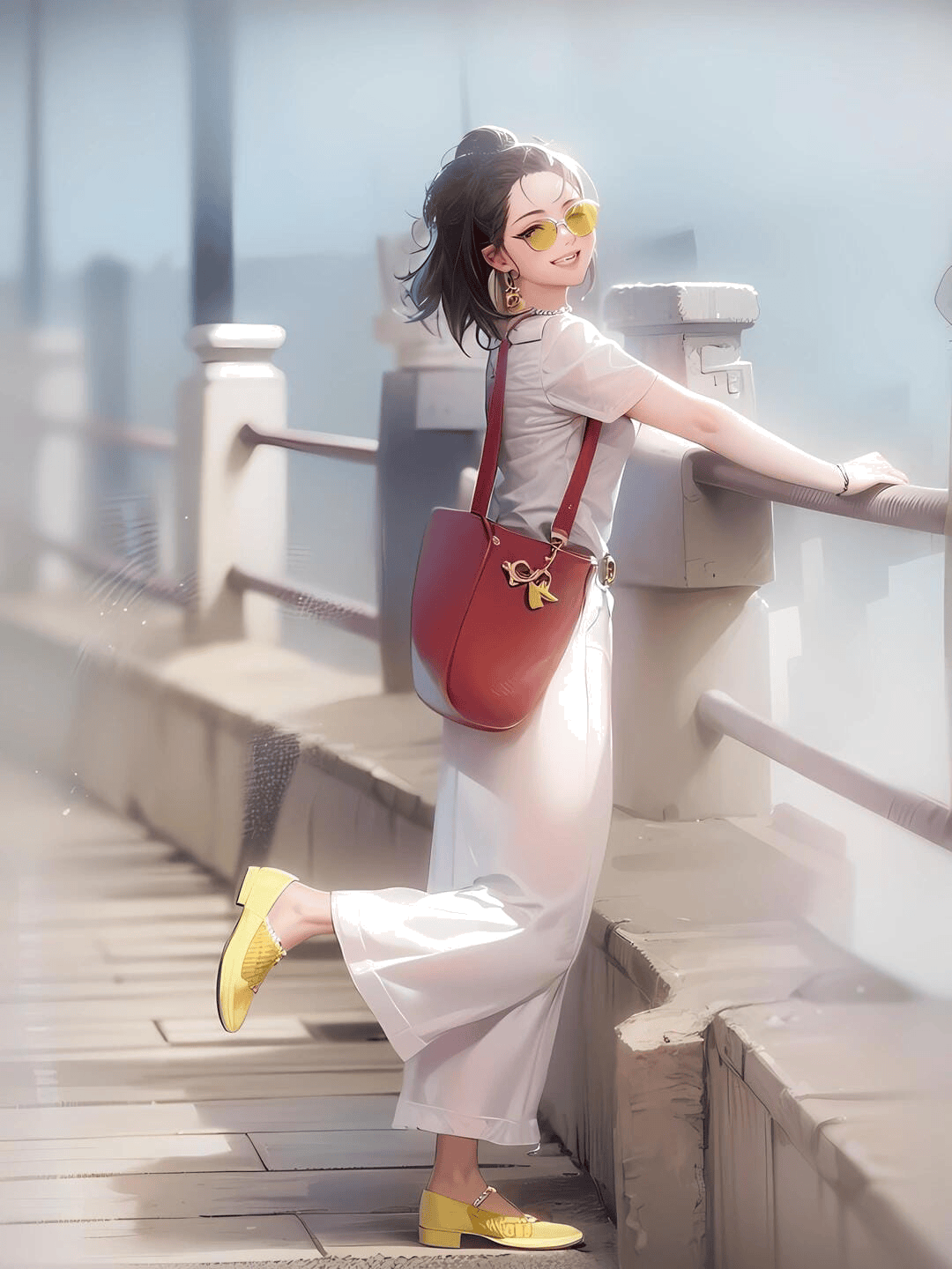 栏杆回眸姿态