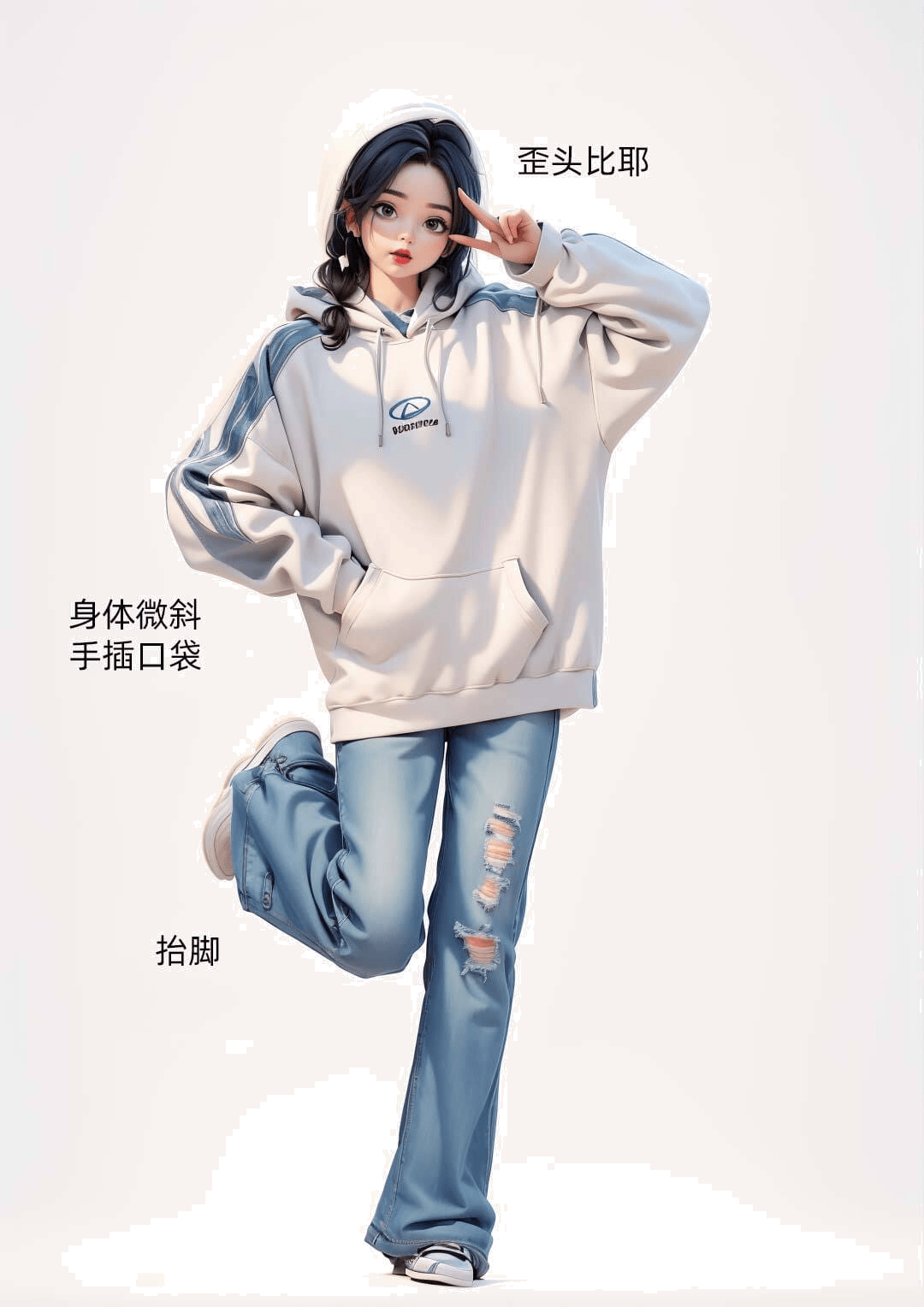 比耶抬脚插兜