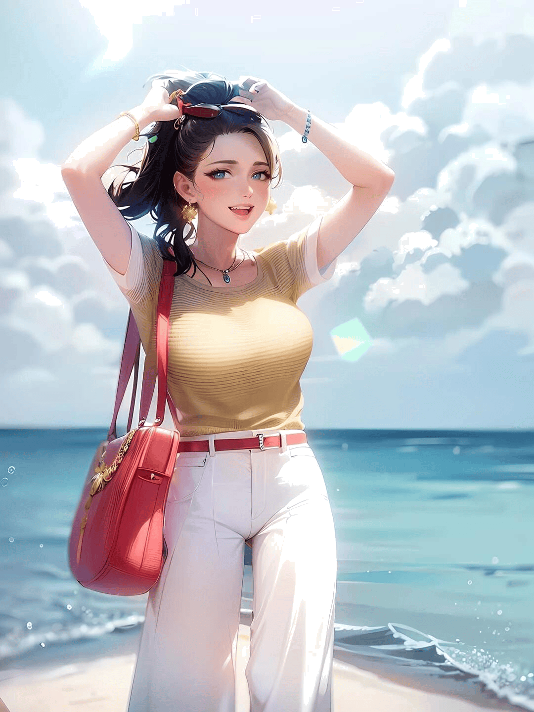 海边扎发姿态