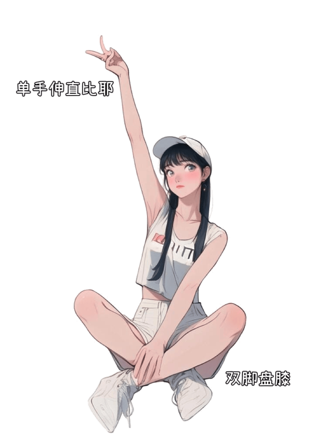 盘膝举手比耶