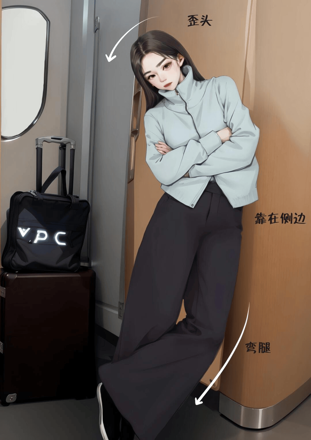 站立抱臂歪头